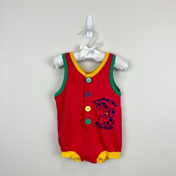 Vintage I'm the New Kid in Town Red Shortall Romper - Picture 1 of 6